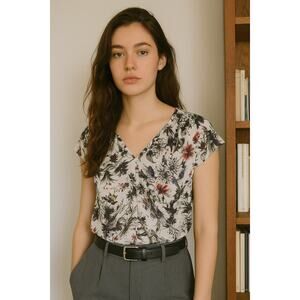 Rebecca Taylor Gray Floral Silk Blouse Women's Size 2 Boho Romantic Career